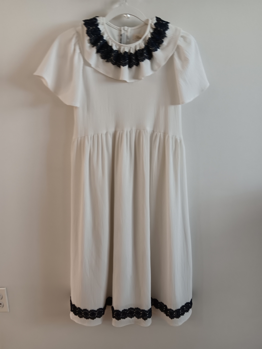 White Ruffled Dress with Navy Lace Trim